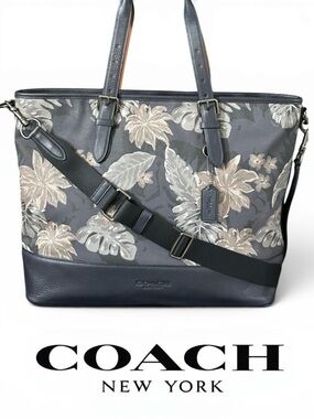 COACH Tropical Print Canvas w/Pebble Leather Trim Tote Bag w/Crossbody Strap
